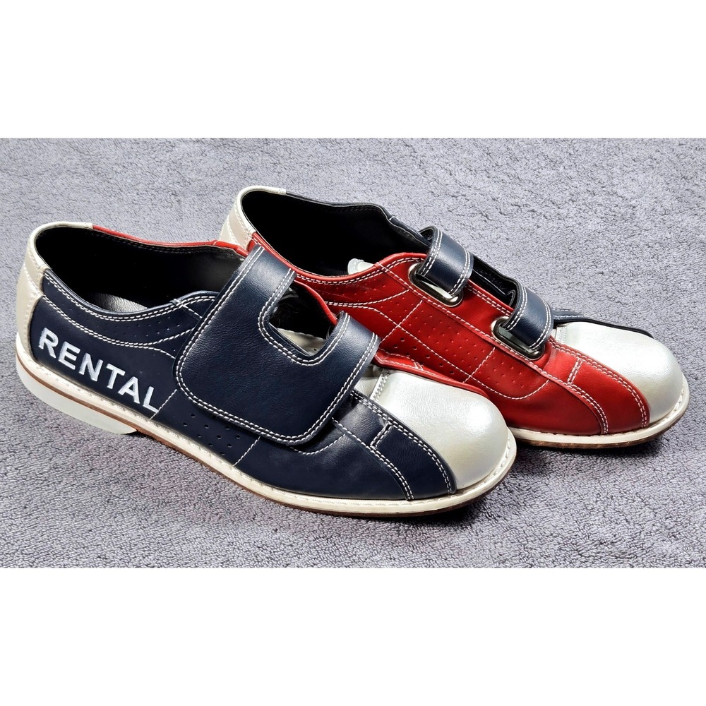 Classic Bowling Shoes Men Size 10 Navy Blue Red Silver Good Rental Hook & Loop